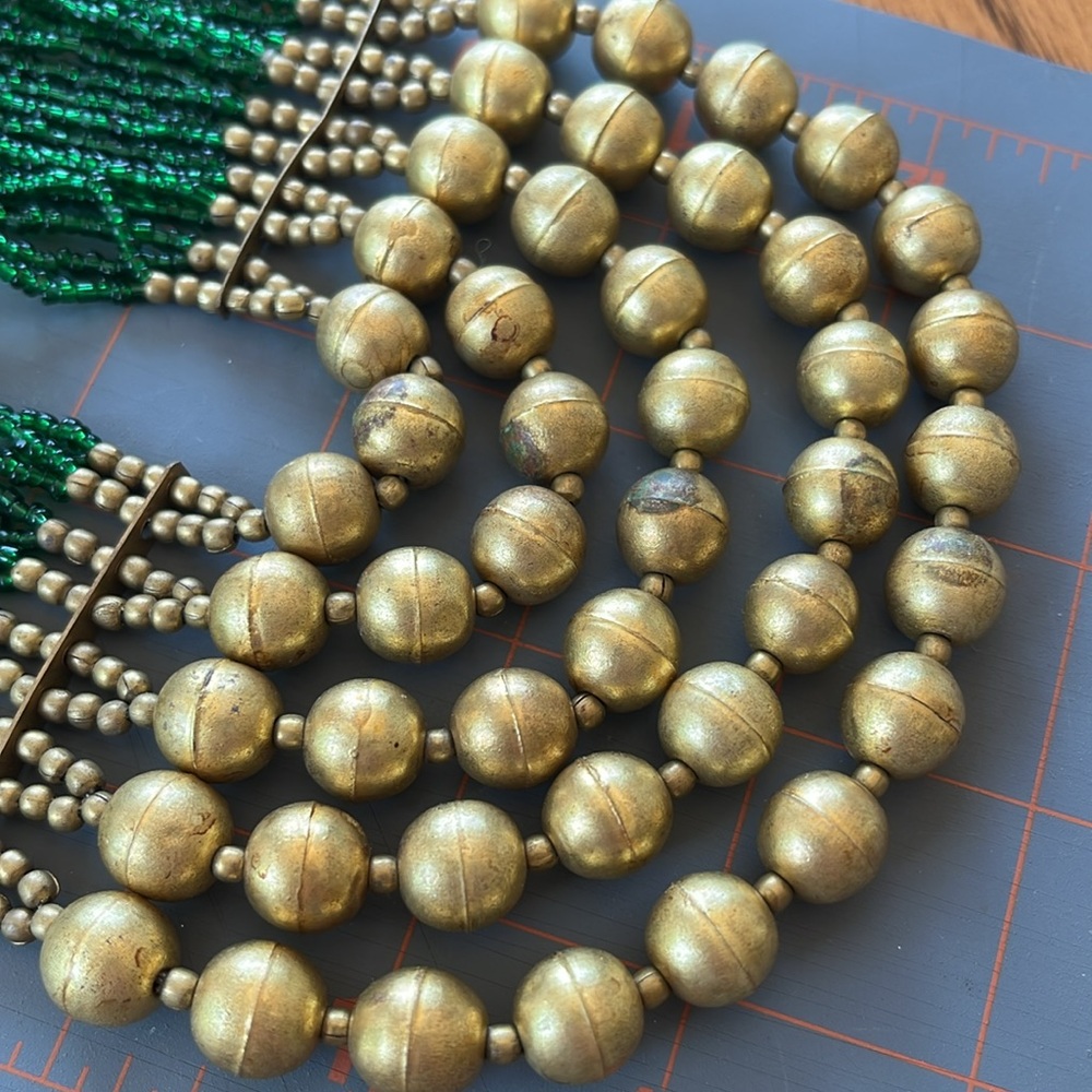 Green and Gold Beads Multilayered Statement Mixed Materials Artisan Necklace - Picture 16 of 17